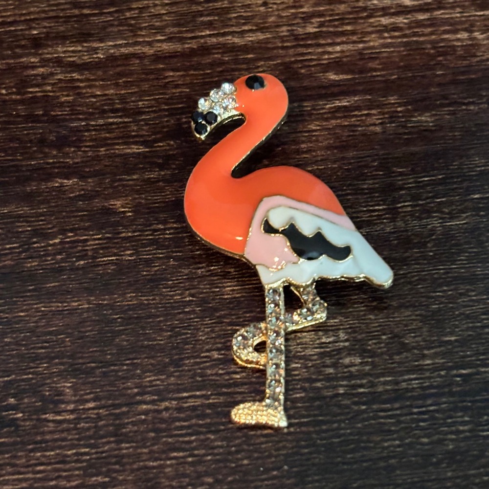 Pink Orange Enamel Flamingo Brooch Gold Tone Rhinestone Tropical Bird Pin